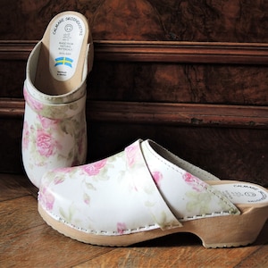 Vintage Swedish wooden clogs with flower rose floral print 1990s 90s handmade in Sweden