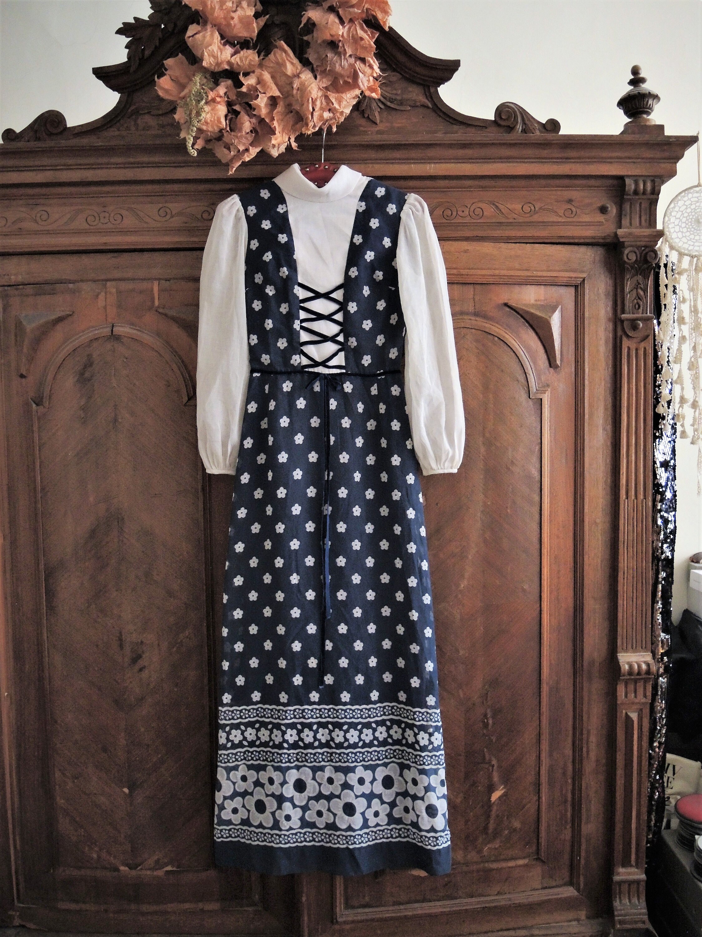 Vintage Dark Blue Floral Prairie Maxi Dress With Velvet Lace up Bib and ...