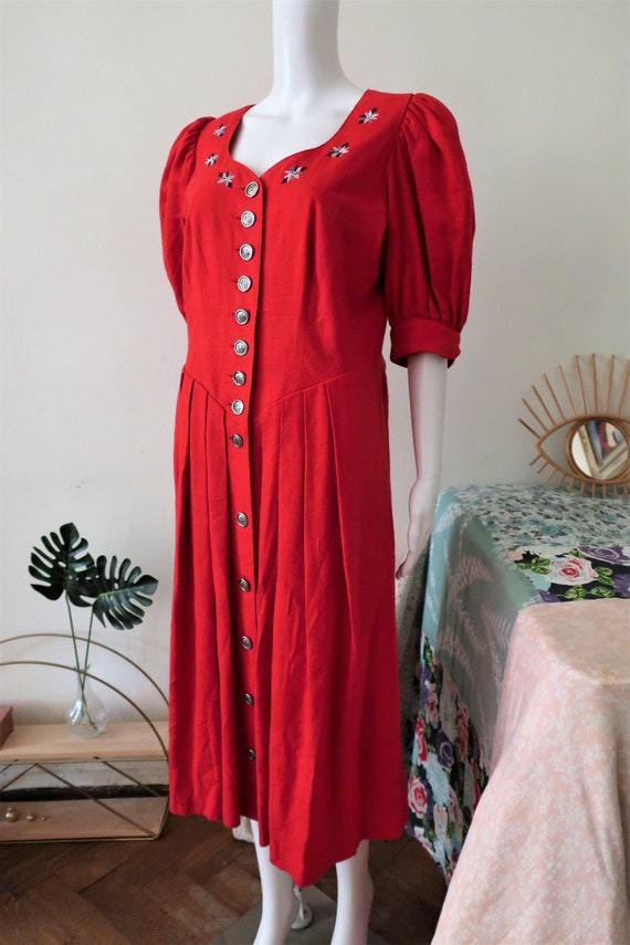 Vintage Bavarian trachten red linen cotton midi d… - image 6