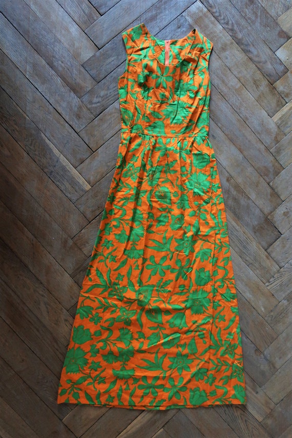 Vintage orange and green floral print cotton maxi… - image 9