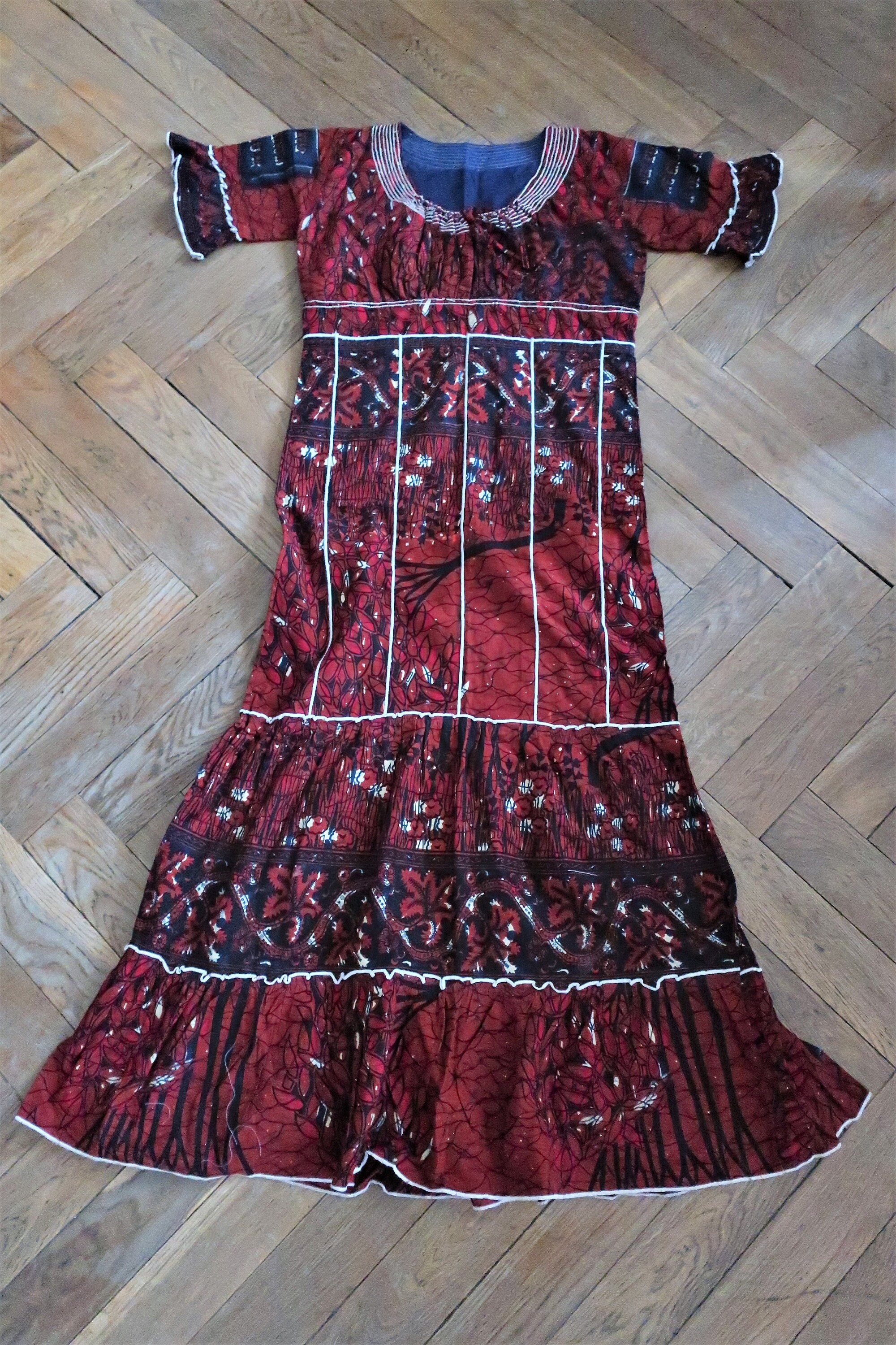 Vintage African Folklore Maxi Dress With Empire Waist and