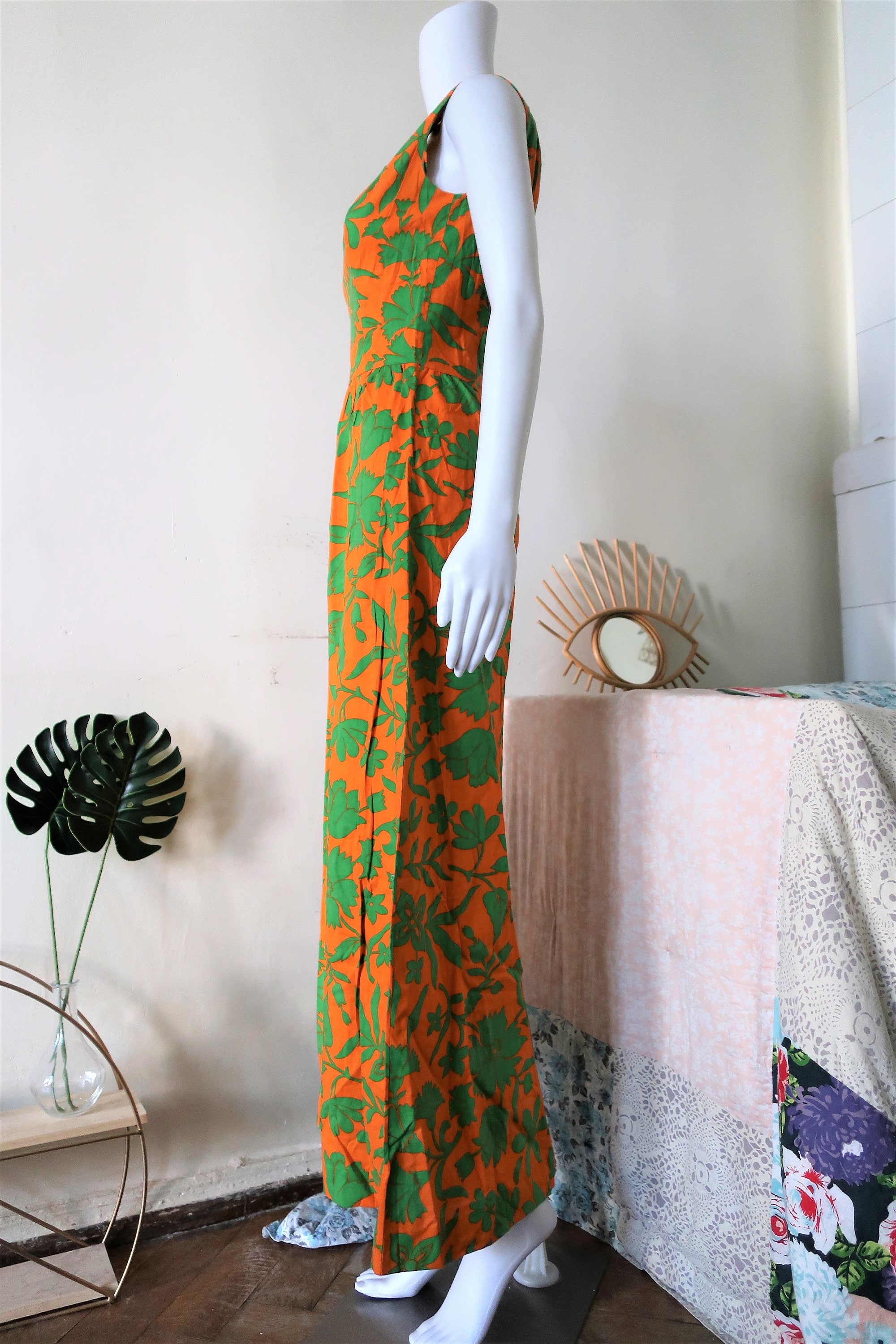 Vintage orange and green floral print cotton maxi dress with boatneck and wide skirt 1990s 90s Vintage orange and green floral print cotton maxi dress with boatneck and wide skirt 1990s 90s