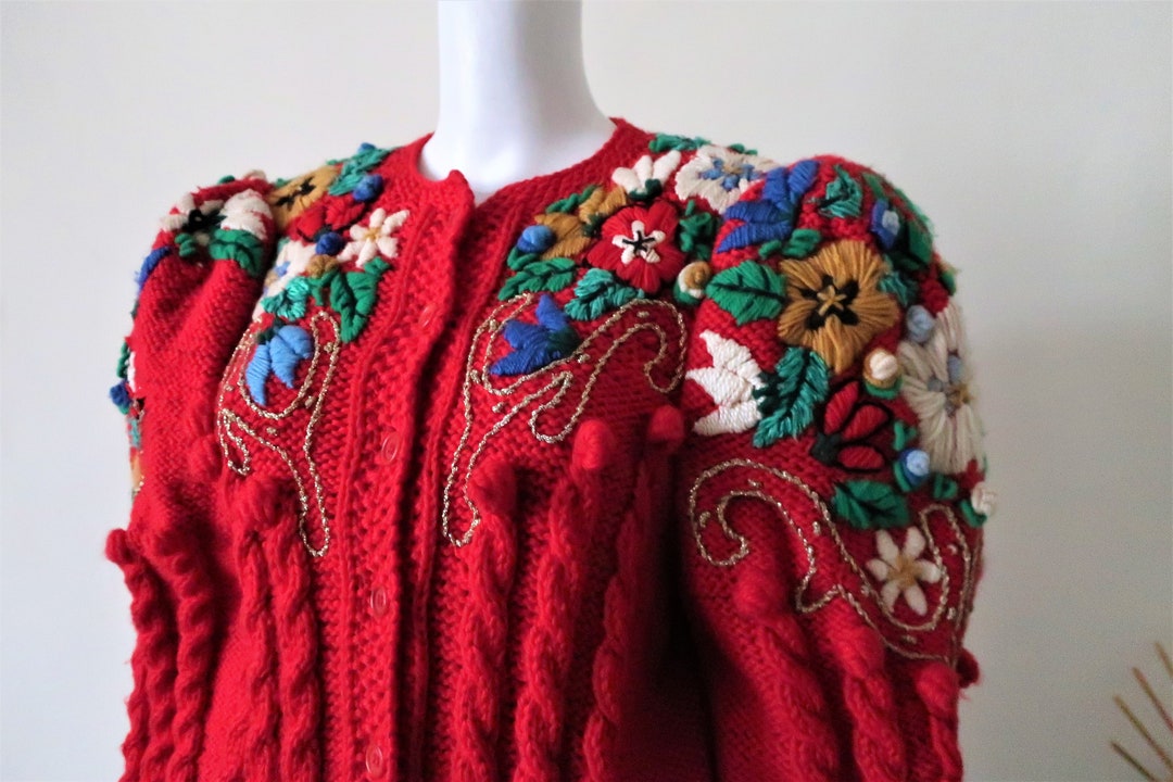 Vintage Lechuza Heavily Embroidered Handmade Chunky Wool Knit Folk ...