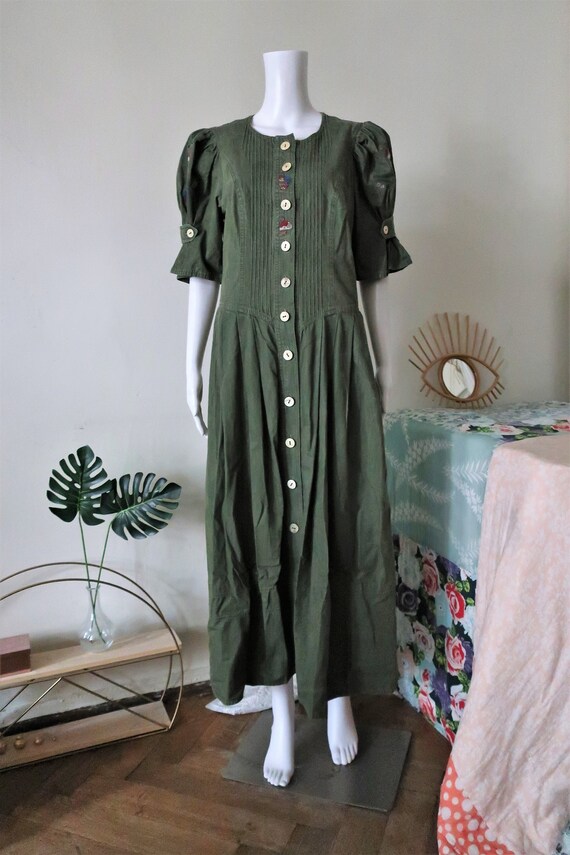 Austrian Vintage trachten khaki cotton midi dress… - image 4