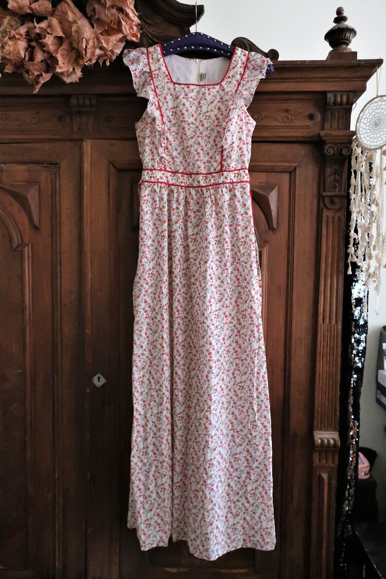 German Ruffles German Vintage Maxi Prairie Dress With Ruffles Square Neck Tie Band and ...