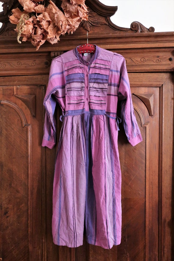 Vintage lilac pink striped folklore cotton dress … - image 8