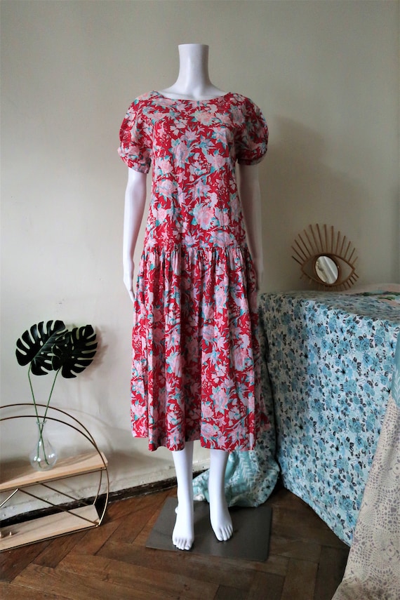 Vintage Laura Ashley Red Floral Cotton Midi Dress With Drop