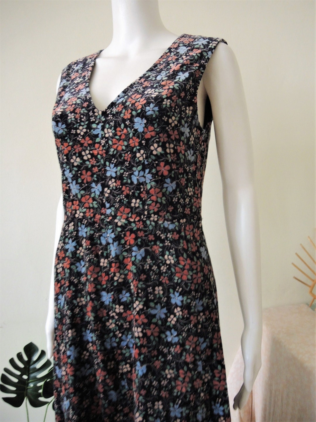 Vintage Dark Floral Velvet Maxi Pinafore Dress V-neck Boho 1970s 70s - Etsy