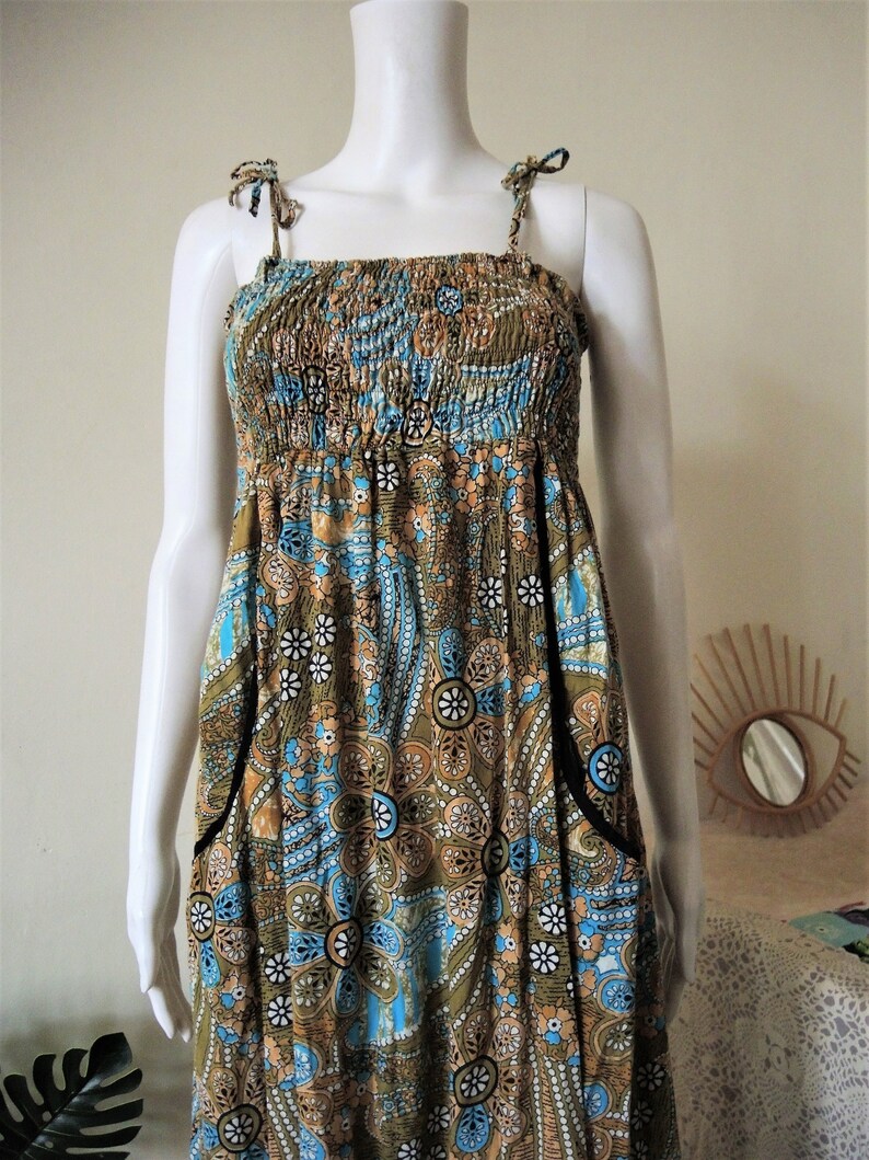 Vintage floral smocked cotton maxi strap dress sundress with empire waist 1980s 80s 1990s 90s image 4