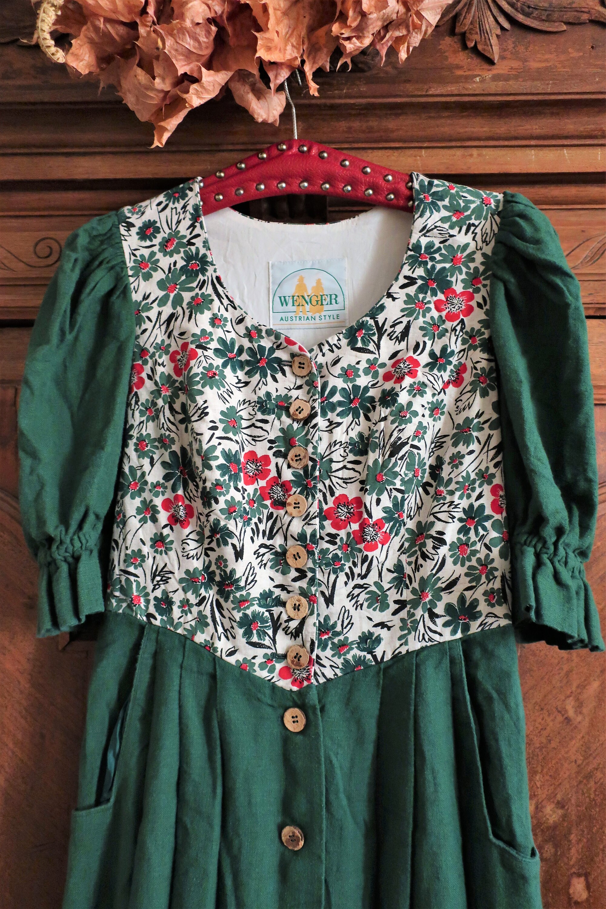 WENGER オーストリア　民族衣装　大きめサイズ　特大　グリーン　ビンテージ Vintage Wenger Green Austrian Trachten Midi Dress With