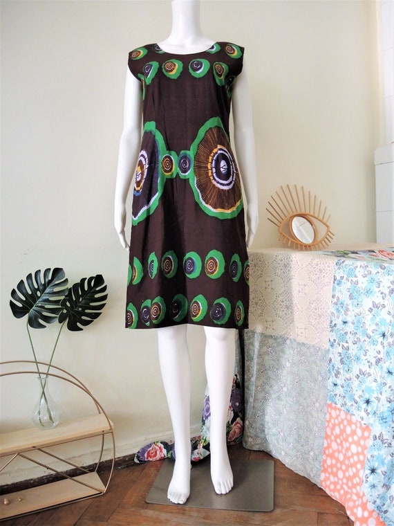 Vintage Brown Cotton Sleeveless Midi Shift Dress With Fantasy Pattern and  Back Vent 2000s 00s - Etsy Israel