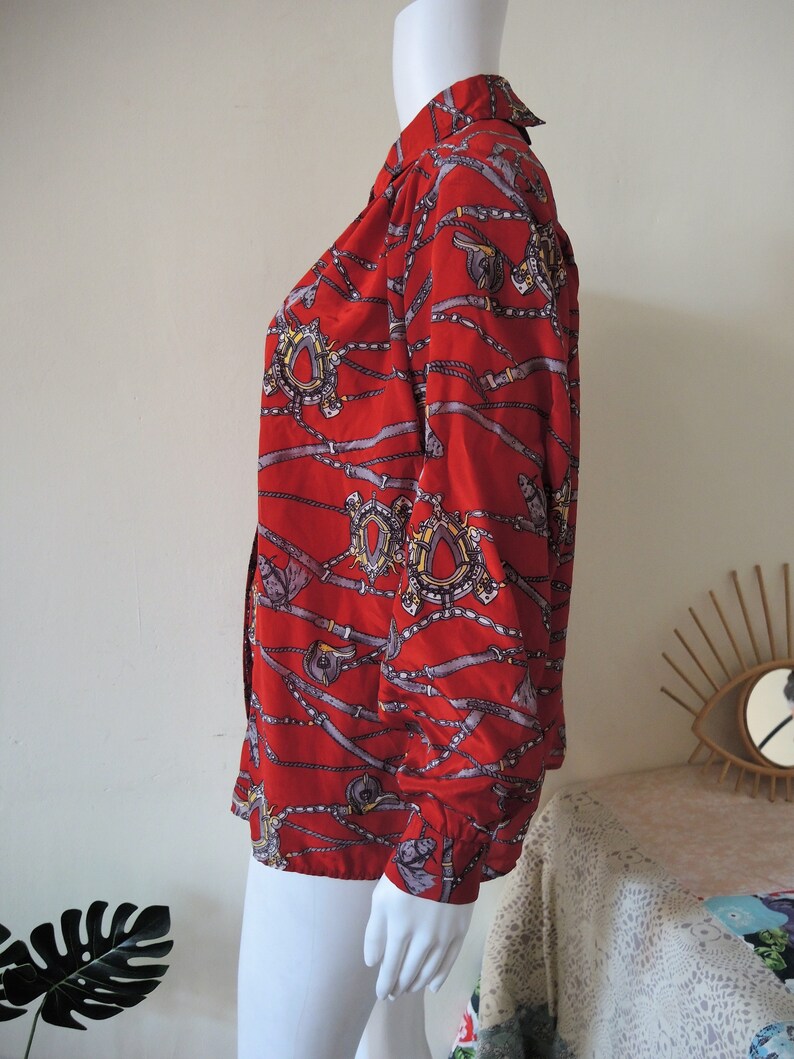Vintage flowy equestrian foulard scarf print blouse wide sleeves 1980s 80s