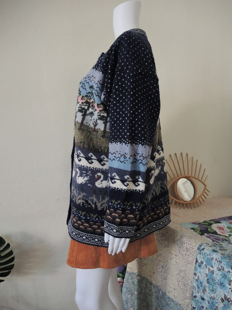 SALE** Vintage wool knit cardigan folklore sky trees swans waves 1990s 90s 1980s 80s **SALE