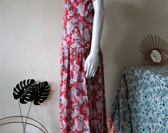 Vintage Laura Ashley Red Floral Cotton Midi Dress With Drop