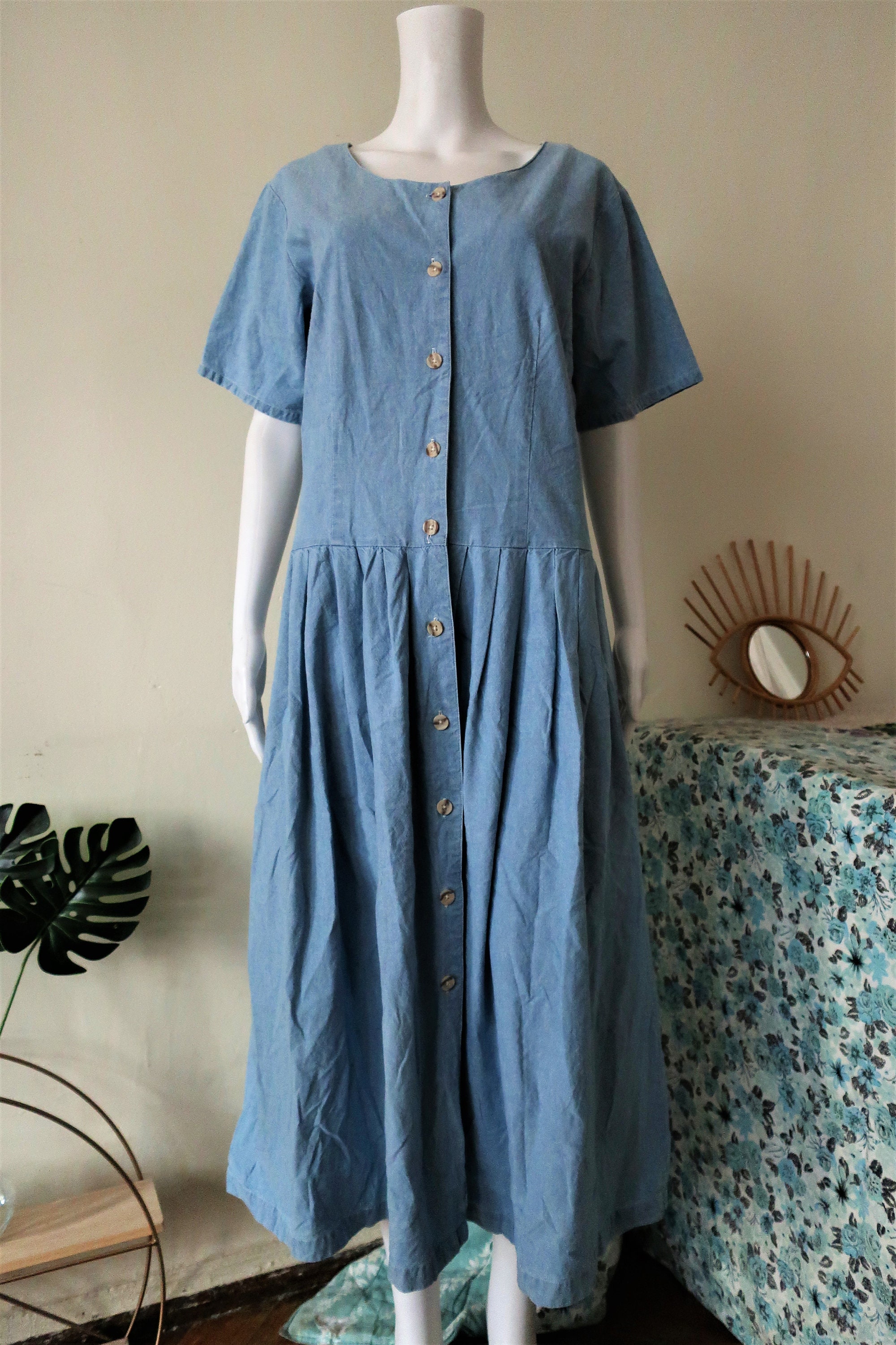 Vintage Blue Cotton Chambray Midaxi Dress With Button Front - Etsy