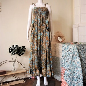 Vintage floral smocked cotton maxi strap dress sundress with empire waist 1980s 80s 1990s 90s image 2