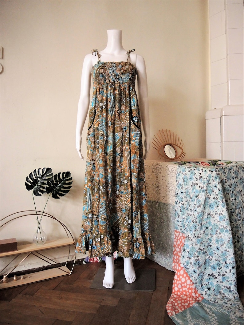 Vintage floral smocked cotton maxi strap dress sundress with empire waist 1980s 80s 1990s 90s image 2