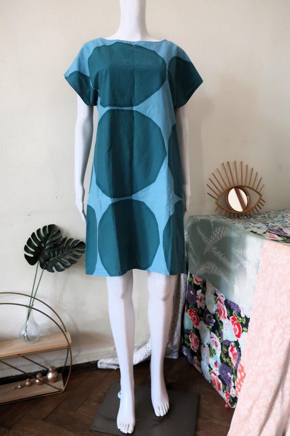 Vintage Scandi Fashion Blue Cotton Mini Dress Tunic With Boat Neck and Overcut Shoulders 1990s 90s 2000s Y2K