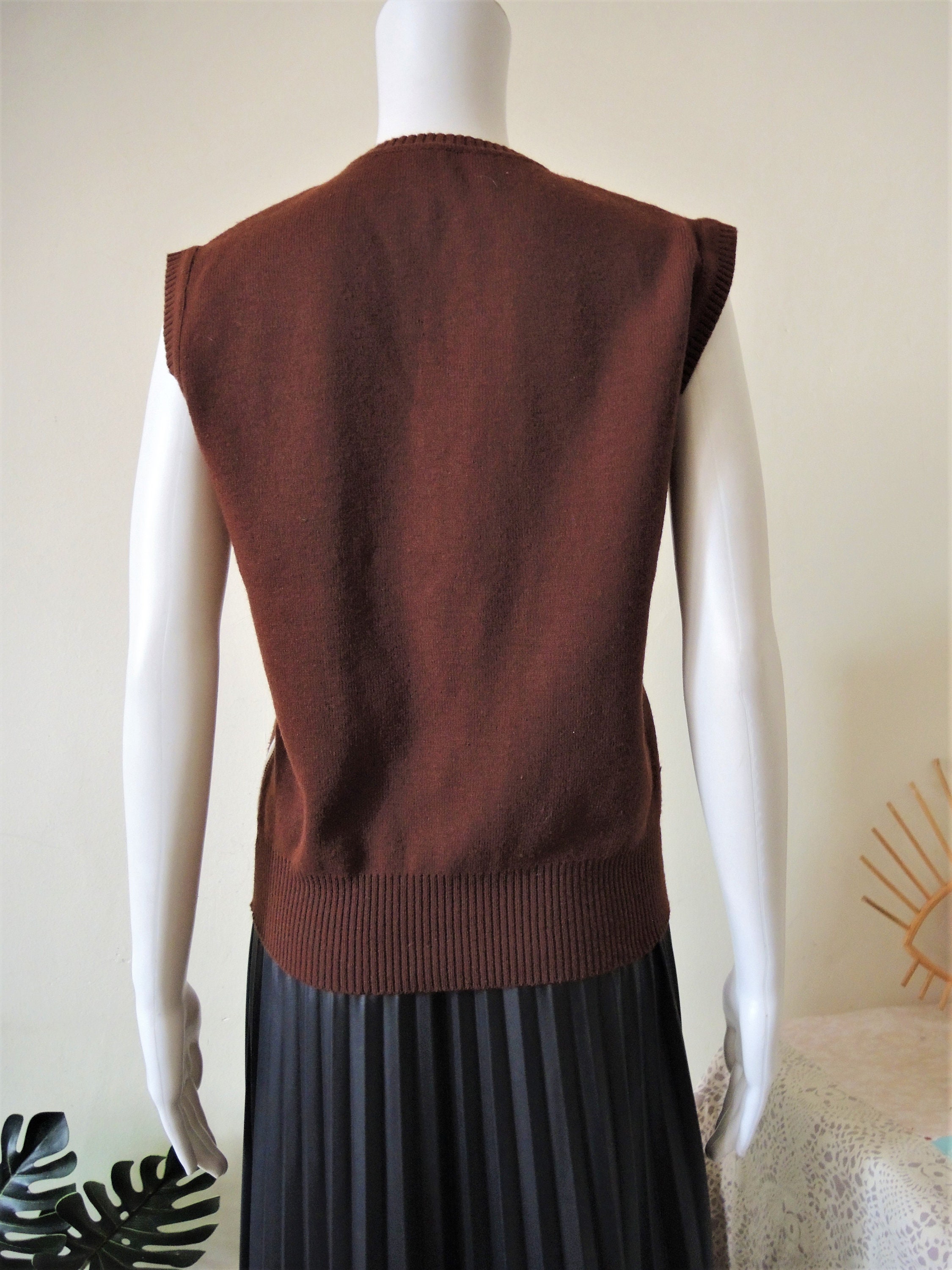 Vintage knit vest gilet with bold brown and white stripes and Etsy