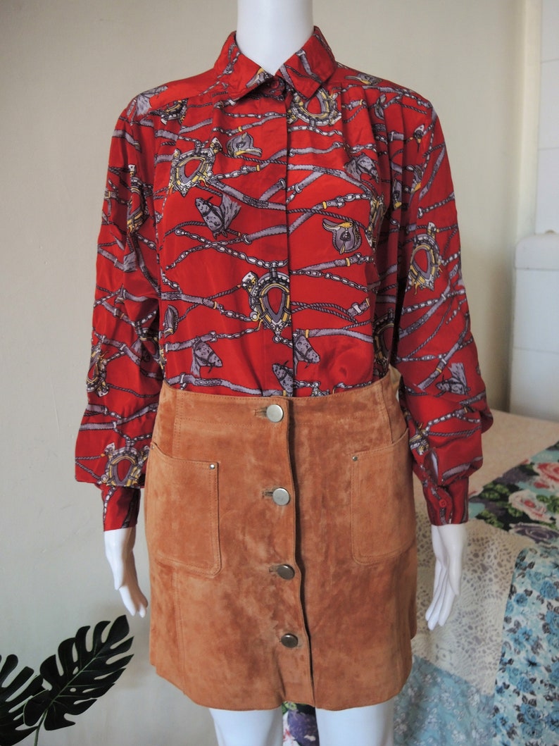 Vintage flowy equestrian foulard scarf print blouse wide sleeves 1980s 80s