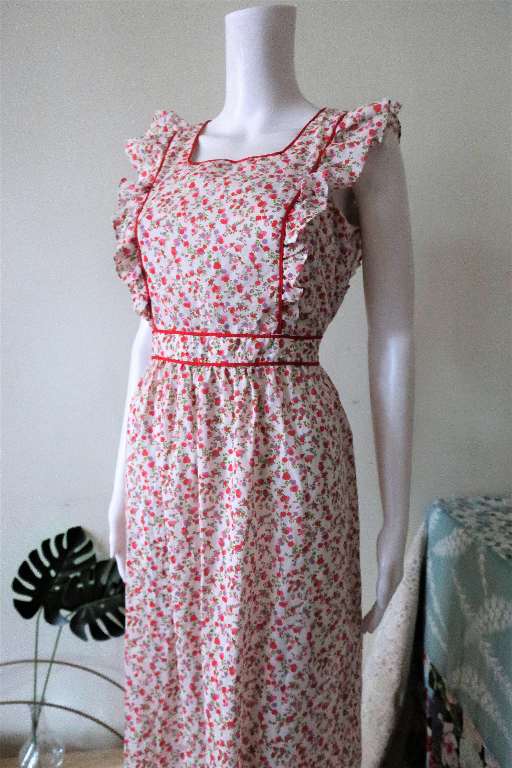 German Ruffles German Vintage Maxi Prairie Dress With Ruffles Square Neck Tie Band and ...