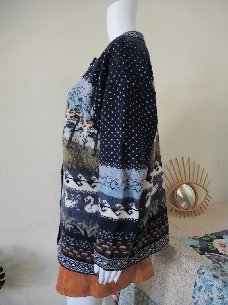 SALE** Vintage wool knit cardigan folklore sky trees swans waves 1990s 90s 1980s 80s **SALE