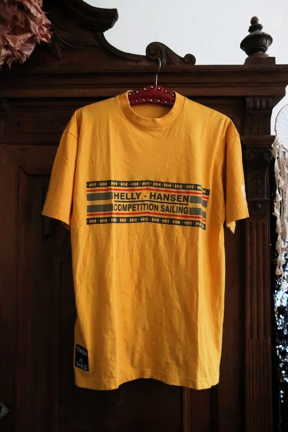 Helly Hansen, Vintage Helly Hansen Twin Sails yellow cotton t-shirt with brand logo competition sailing front print 1990s 90s