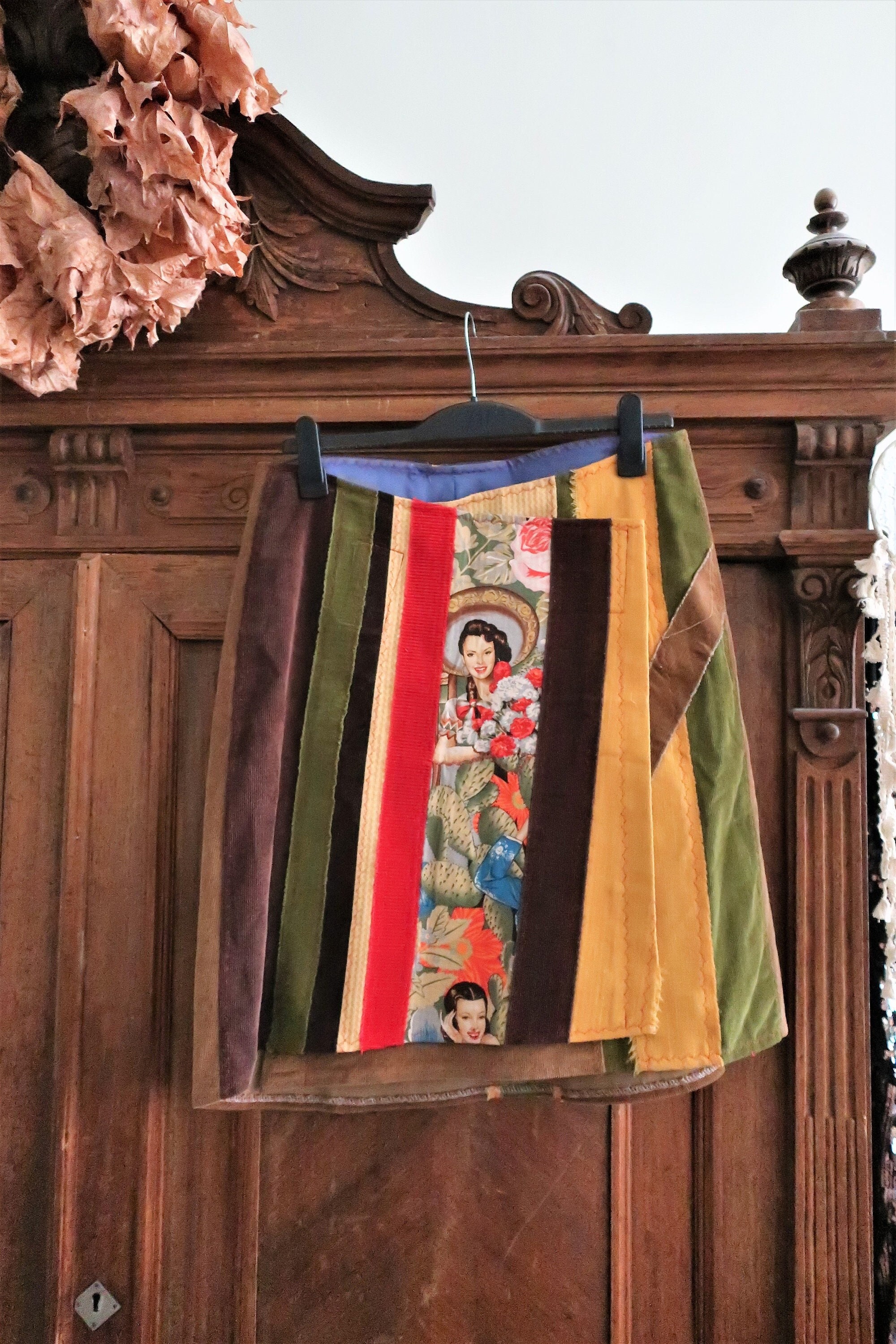 Vintage Corduroy Velcro Wrap Skirt With Patchwork Details and