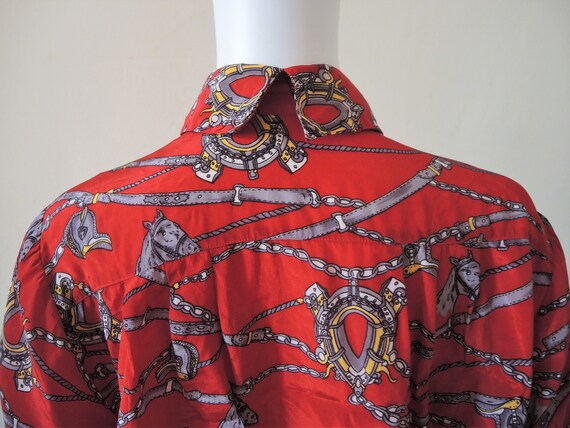 Vintage flowy equestrian foulard scarf print blouse wide sleeves 1980s 80s
