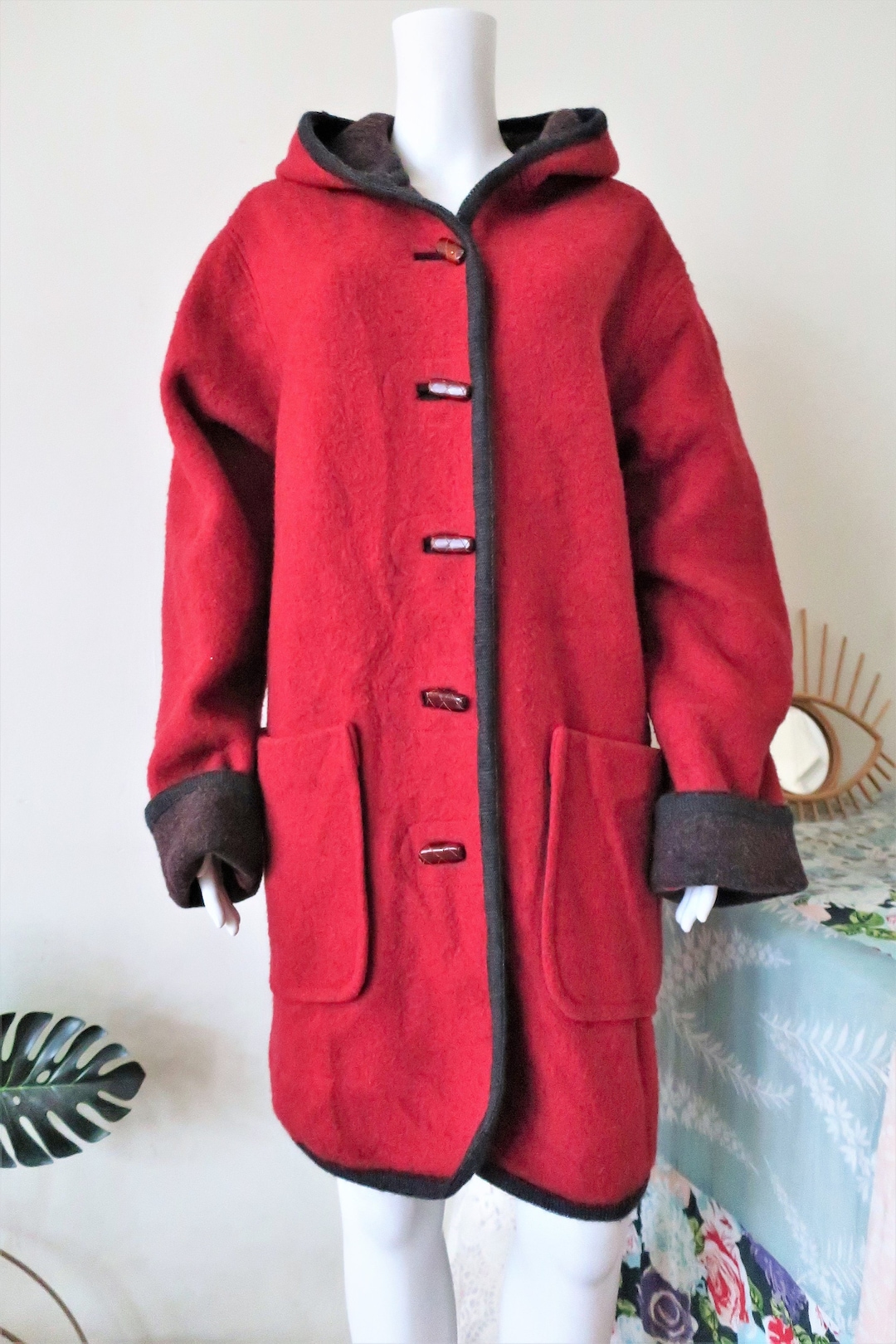 Vintage Wine Red Boiled Wool Coat With Large Hood Doubleface and Rod