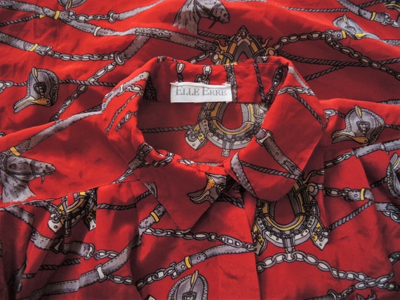 Vintage flowy equestrian foulard scarf print blouse wide sleeves 1980s 80s