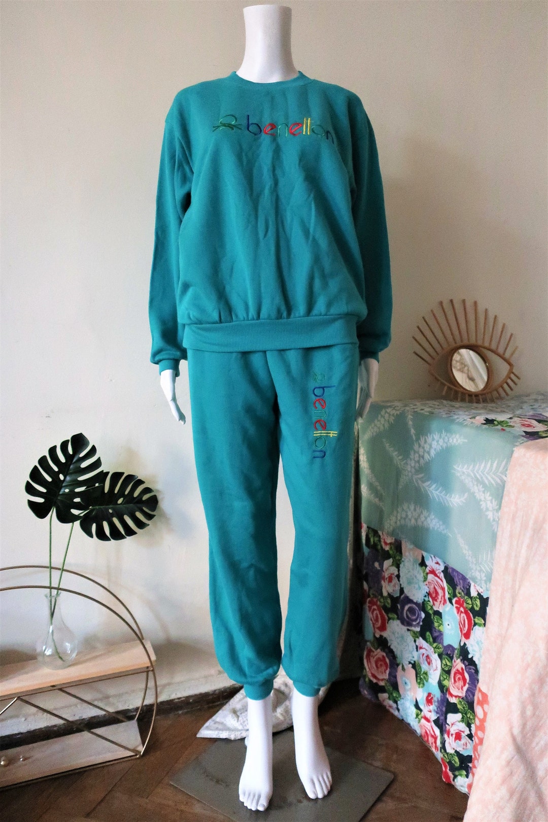 Vintage Benetton Green Sports Track Suit Sweater Jogger Combo