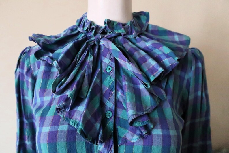German Ruffles German Vintage Amica Check Lurex Cotton Blouse in Aqua Colors With High ...