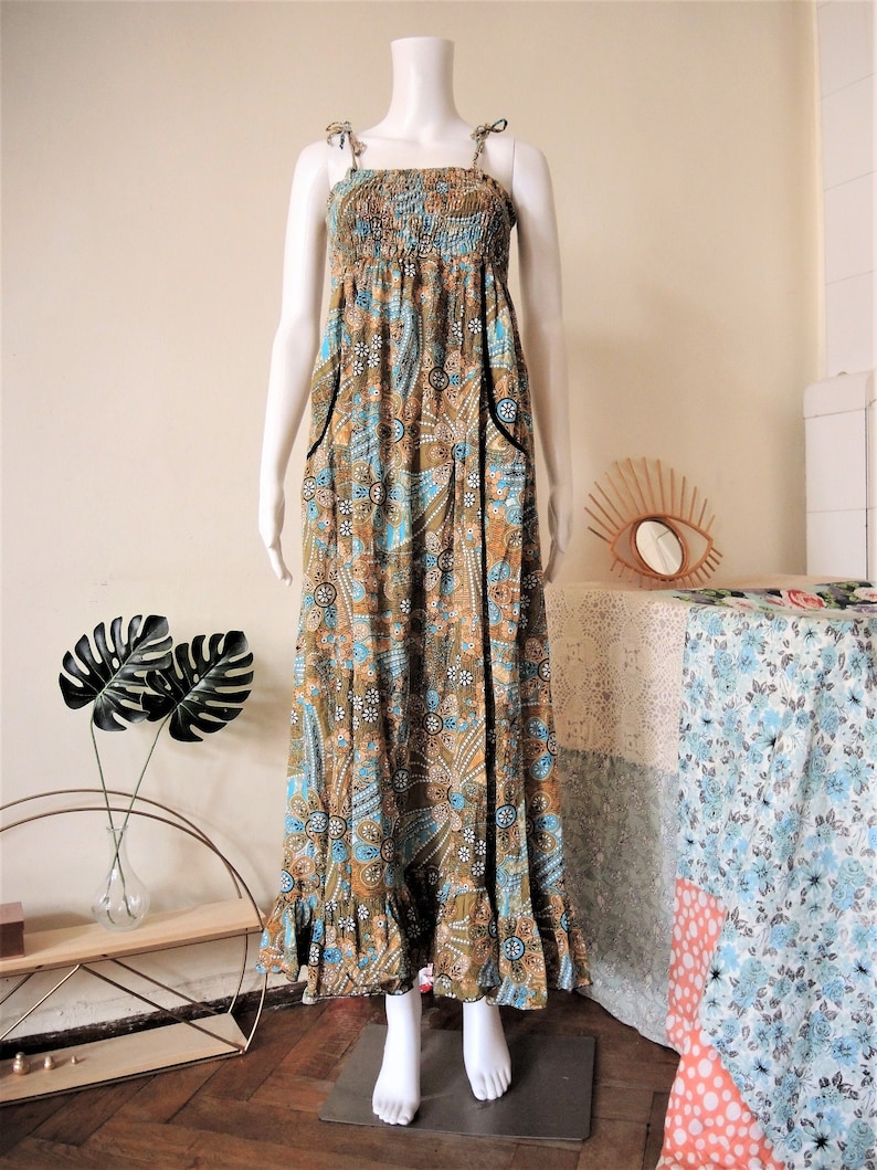 Vintage floral smocked cotton maxi strap dress sundress with empire waist 1980s 80s 1990s 90s image 1