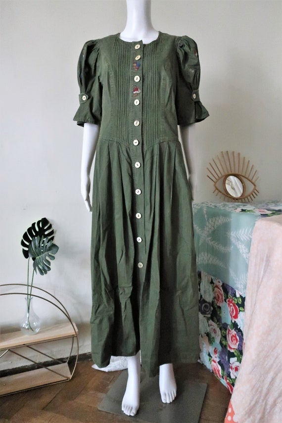 Austrian Vintage trachten khaki cotton midi dress… - image 2