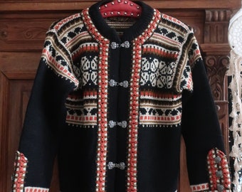 Vintage Norlaender Norwegian folklore wool knit cardigan with ornamental metal clasps and embroidered trims 1970s 70s made in Norway