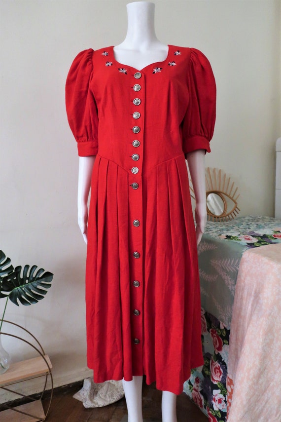 Vintage Bavarian trachten red linen cotton midi d… - image 4