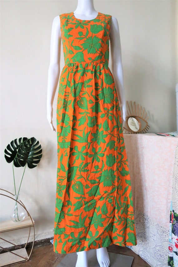 Vintage orange and green floral print cotton maxi… - image 3