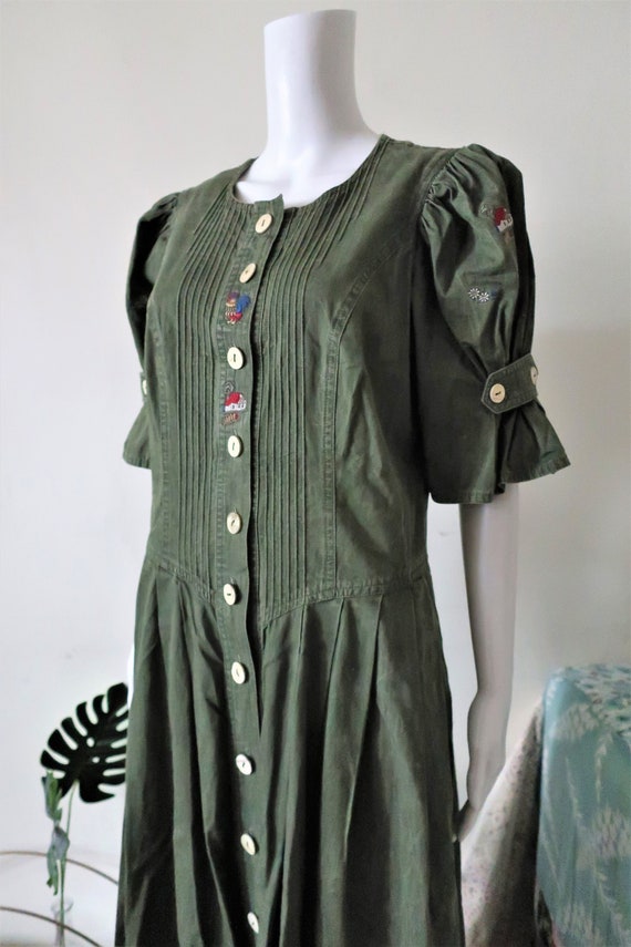 Austrian Vintage trachten khaki cotton midi dress… - image 1