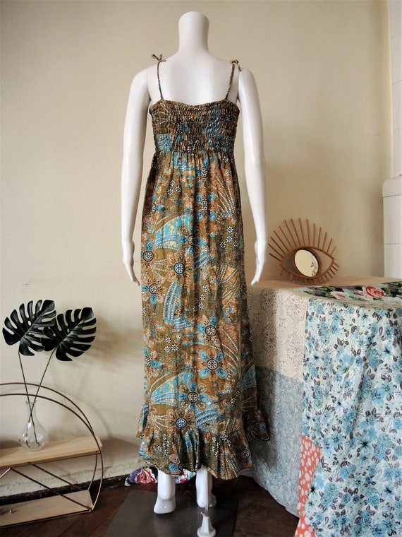 Vintage floral smocked cotton maxi strap dress su… - image 7