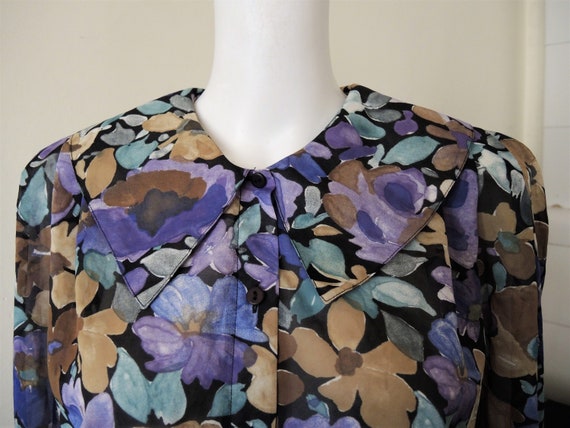 Vintage dark floral chiffon blouse with statement
