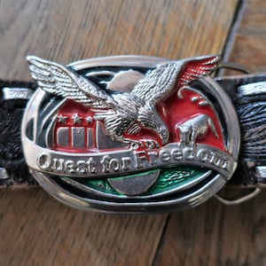 Vintage embossed leather belt with metal buckle Eagle Quest for Freedom Americana 1980s 80s