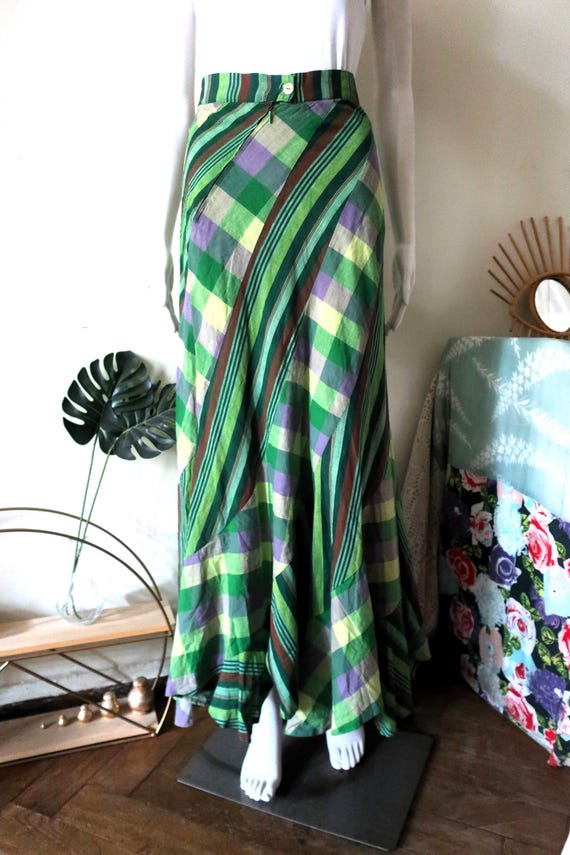 70s Green Cotton Maxi Skirt Vintage German Patchwork Skirt