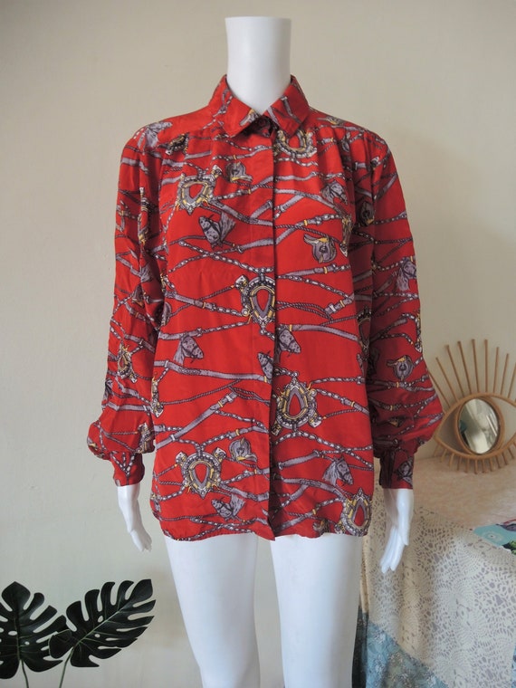 Vintage Flowy Equestrian Foulard Scarf Print Blouse Wide - Etsy
