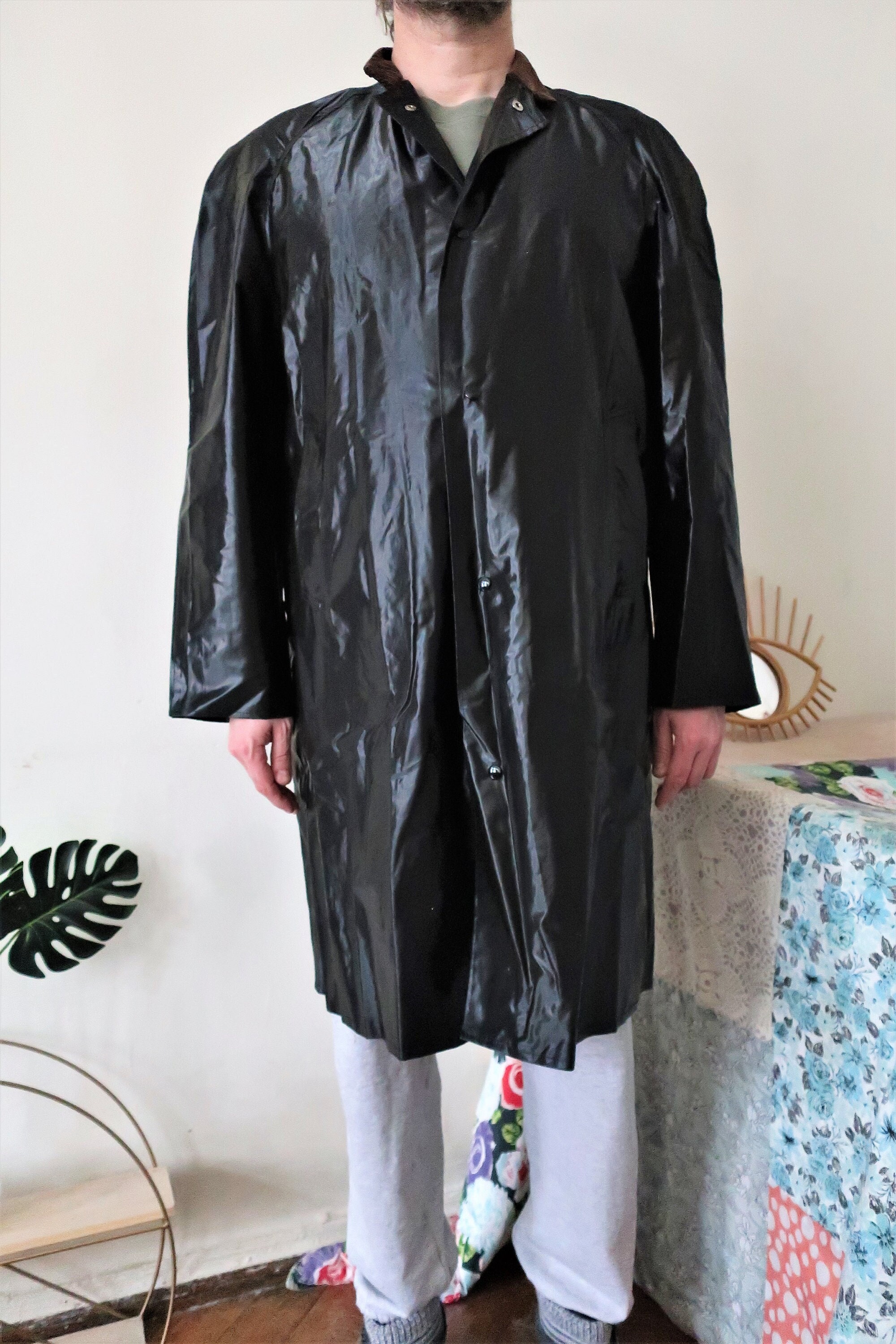 Vintage Shiny Black Pvc-coated Cotton Rain Coat With Corduroy | Etsy