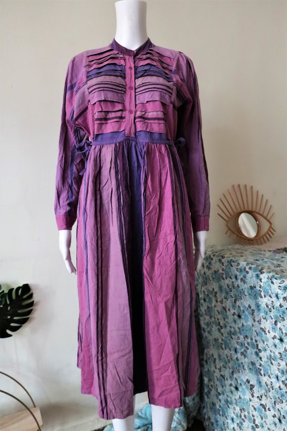 Vintage lilac pink striped folklore cotton dress … - image 1