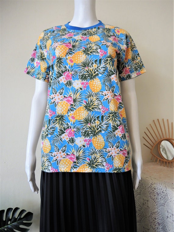 Vintage azure blue tropical print cotton t-shirt … - image 3