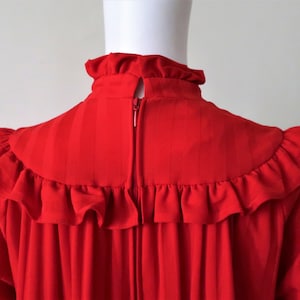 Swedish Vintage red midi dress with pie crust collar and ruffle bib 1970s 70s 1980s 80s