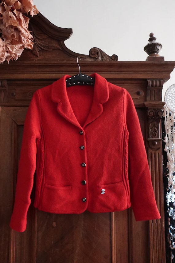 Austrian Vintage Wesenjak Tyrolean Trachten Boiled Wool Jacket Red