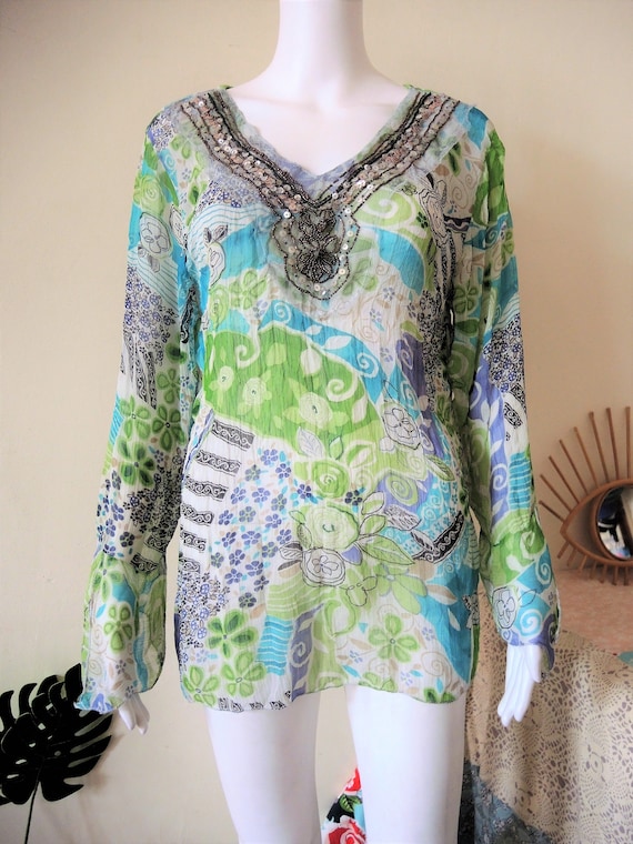 Vintage embroidered silk blend folklore tunic blo… - image 2